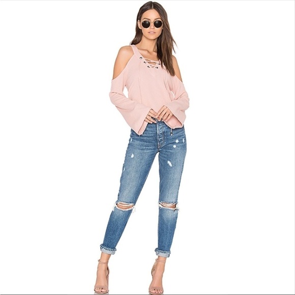 J.O.A. Off Shoulder Peach Top Lace Up Front - Picture 2 of 12